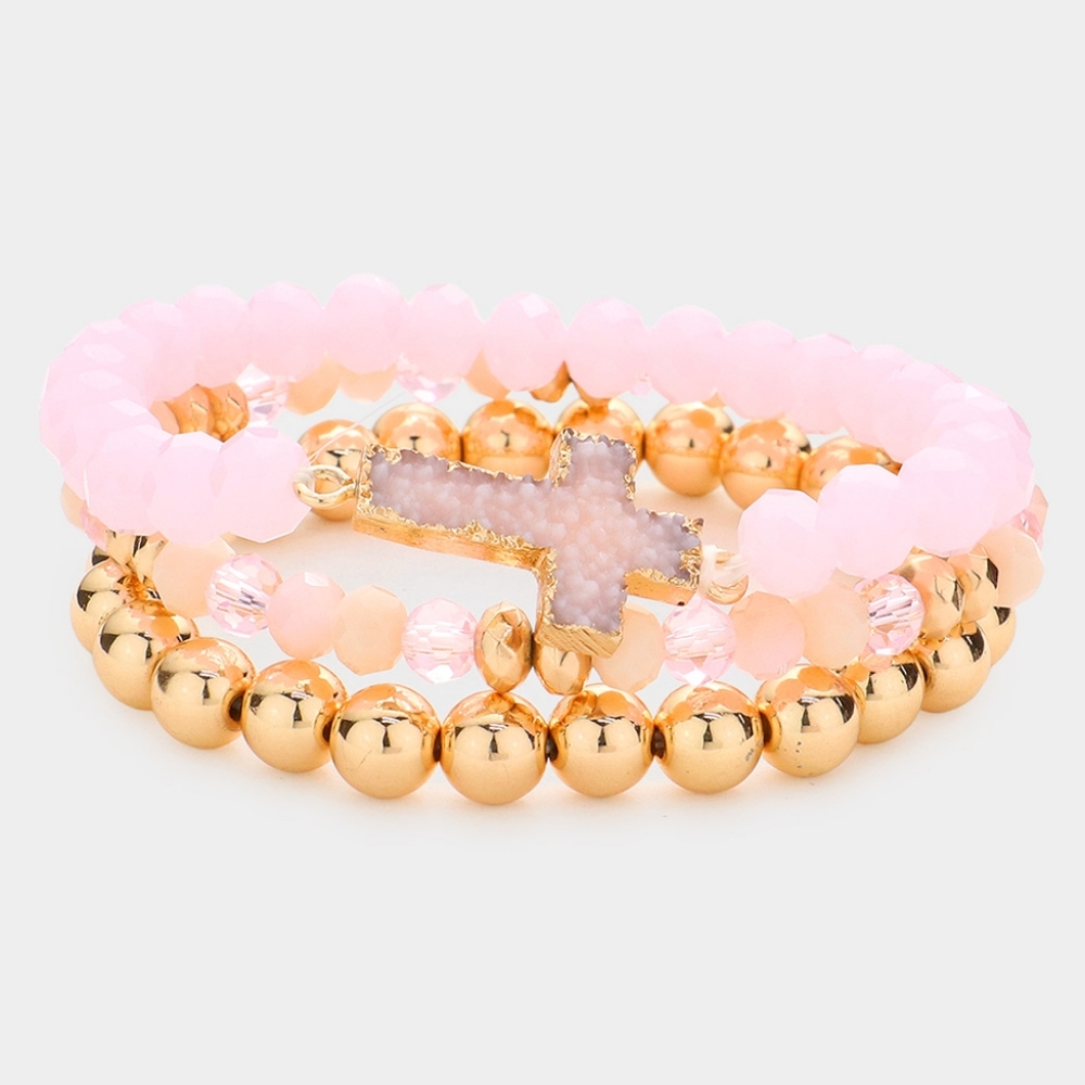 Pink & Gold Sideways Druzy Cross Stretch MultiLayered Ball Beaded Bracelet Set